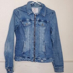 Guess Womens Medium Wash Zip Front Moto Ribbed Denim Jacket Q81N06D0JY1 Size M